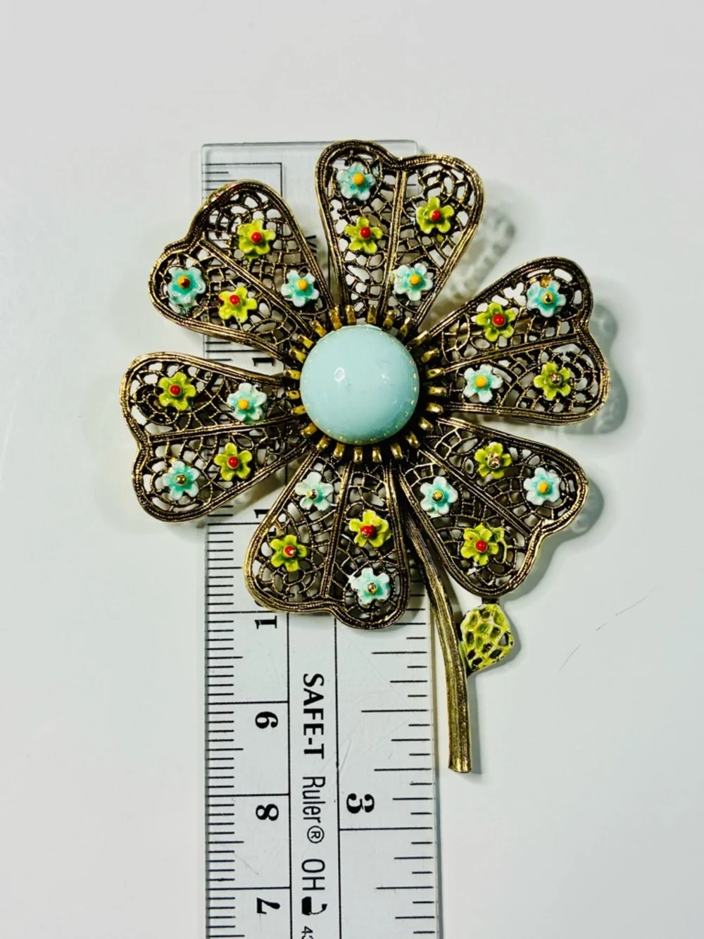 VTG Art Floral Filigree Flower Brooch with Pale Blue Cabochon Signed Oversized
